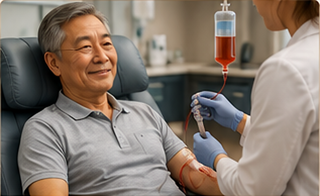 Korean senior receiving a physician supervised regenerative infusion in a premium clinical setting