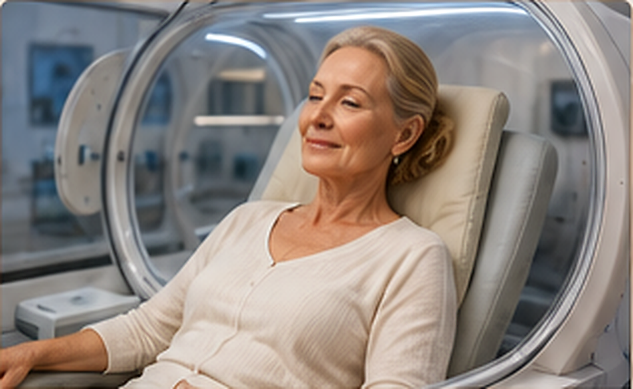 French senior woman undergoing hyperbaric oxygen therapy in a premium medical facility