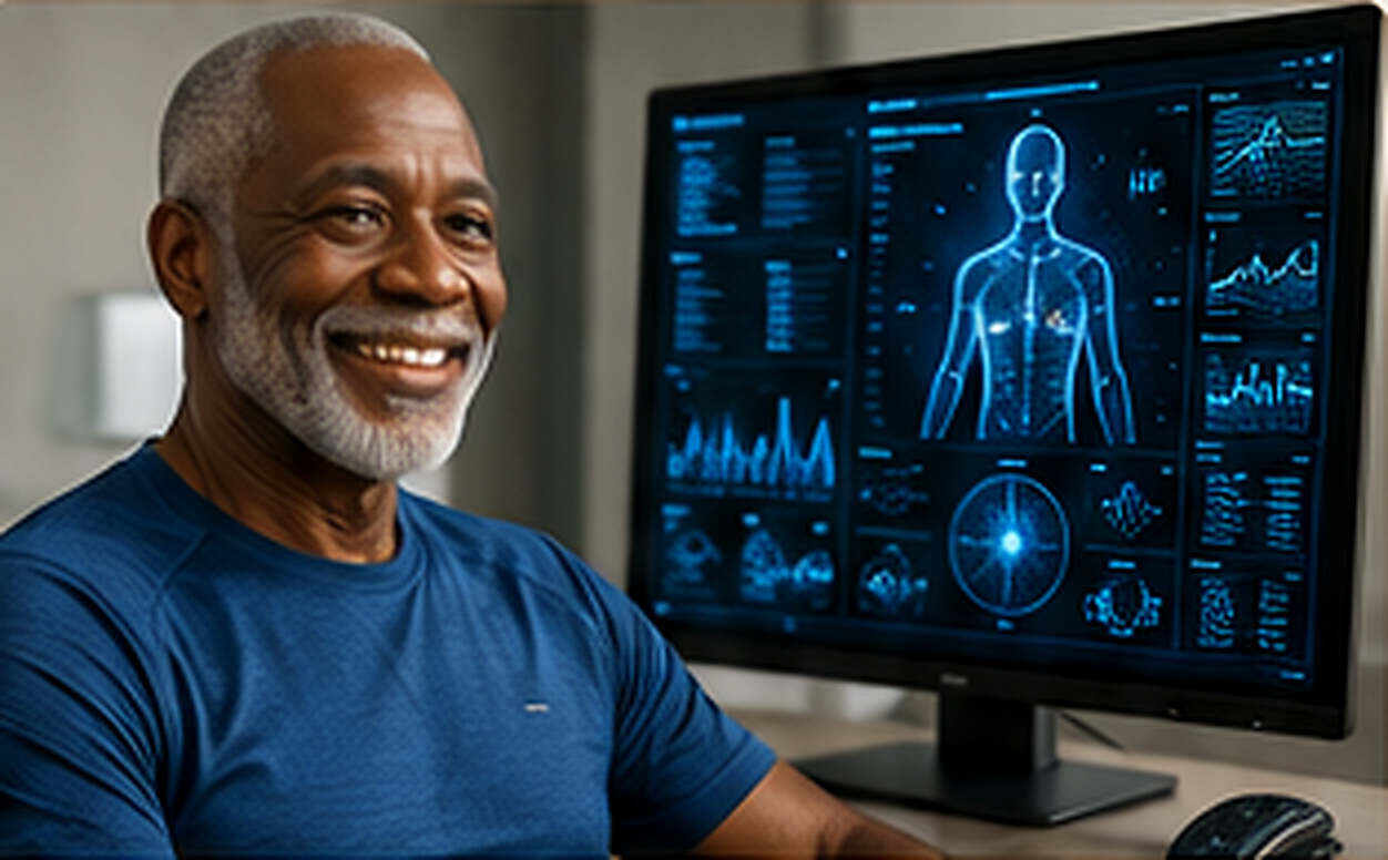 Black senior reviewing advanced longevity diagnostics and biological age data